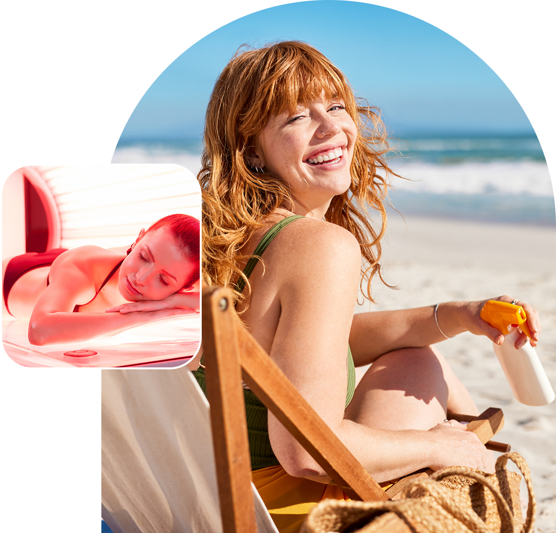 Woman smiling on a beach chair holding sunscreen, with an inset image of another woman sunbathing under a tanning lamp.